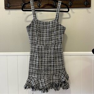 AQUA Metallic Tweed Square Neck Black White and Metallic Mini Dress